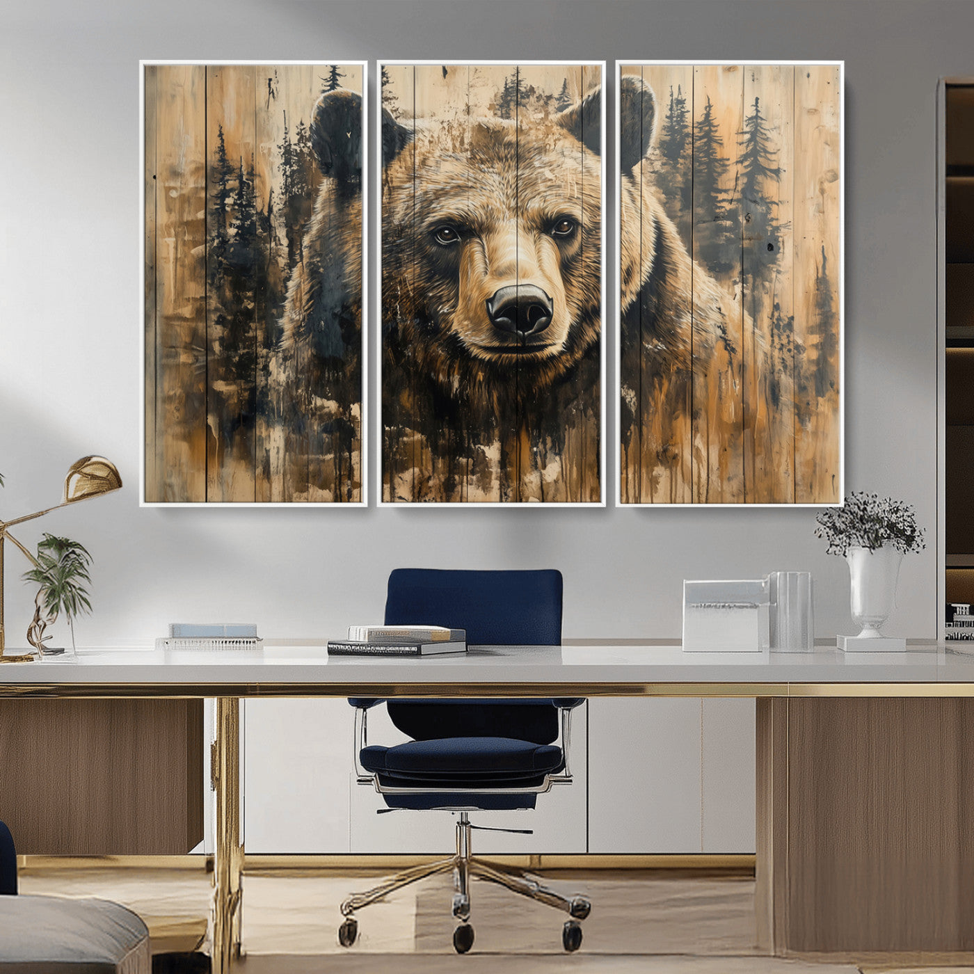 MGV-FC-48X32-3P - Majestic Grizzly 399 Bear Wall Art | 3-Panel Rustic Canvas Print for Living Room, Office, or Cabin