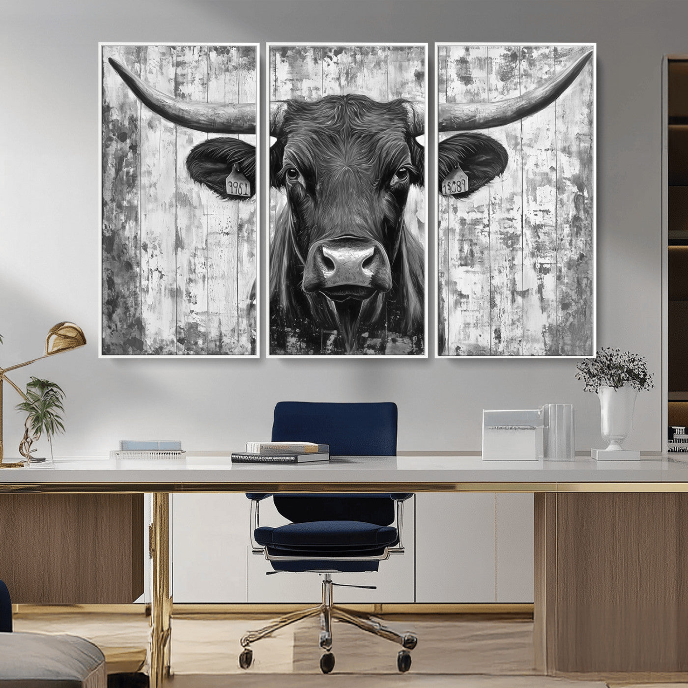 MGV-FC-48X32-3P - Abstract Longhorn Bull Wall Art Canvas Print - Rustic Texas Western Cow Artwork