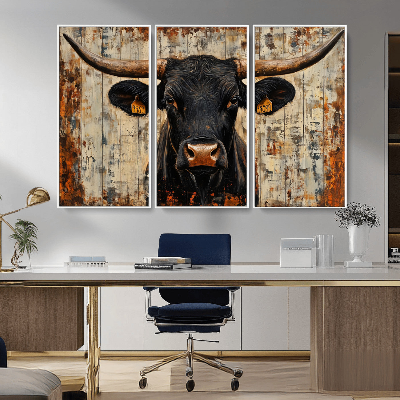 MGV-FC-48X32-3P - Rustic Texas Artwork Wall Art Canvas Print - Abstract Cow Longhorn Bull Wall Art Canvas Print