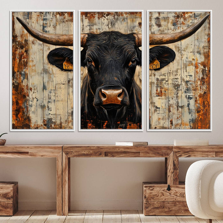 Rustic Texas Artwork Wall Art Canvas Print - Abstract Cow Longhorn Bull Wall Art Canvas Print
