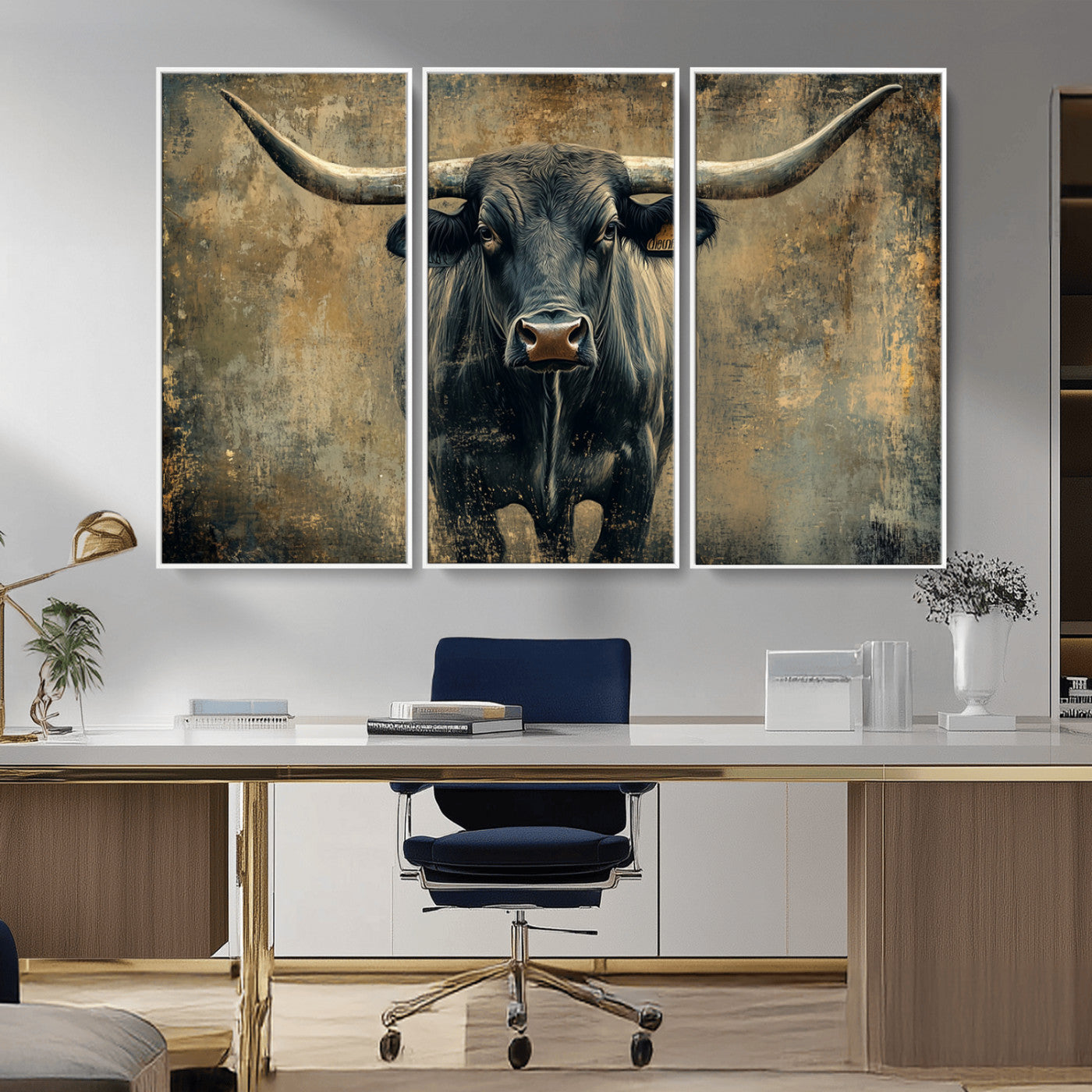 MGV-FC-48X32-3P - Longhorn Bull Wall Art Canvas Print, Framed Rustic Cow Art Picture Print, Texas Longhorn Perfect Western Decor Artwork