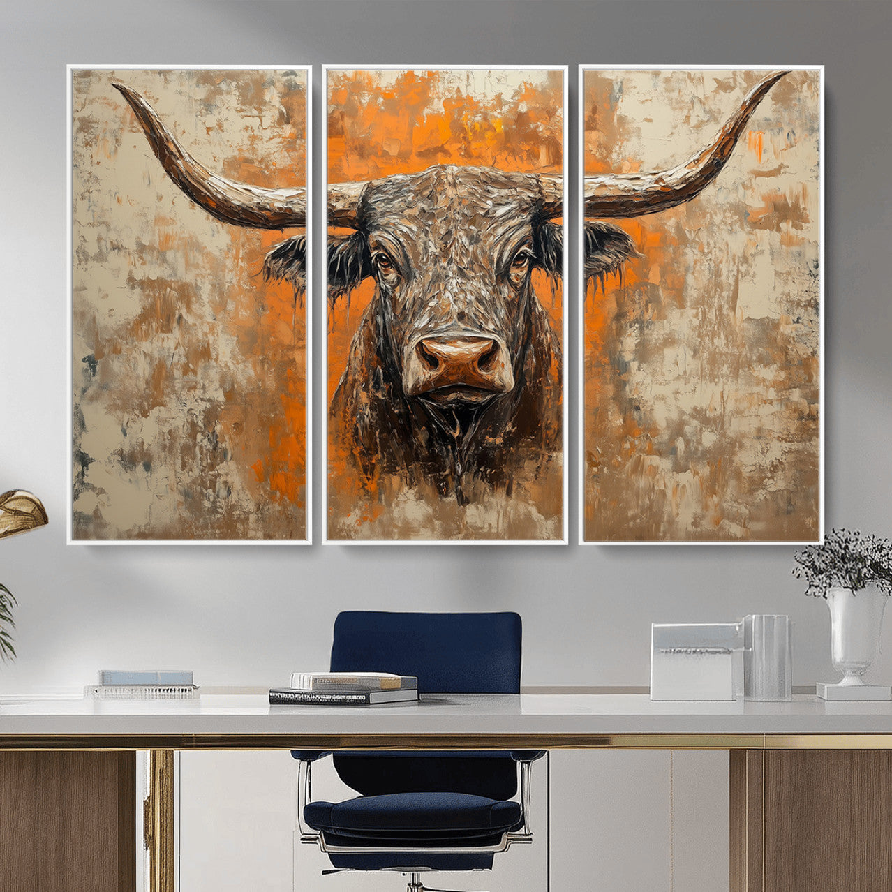 49976-MGV-CV-36X24 - Abstract Cow Longhorn Bull Wall Art Canvas Print - Rustic Texas Western Cattle Artwork