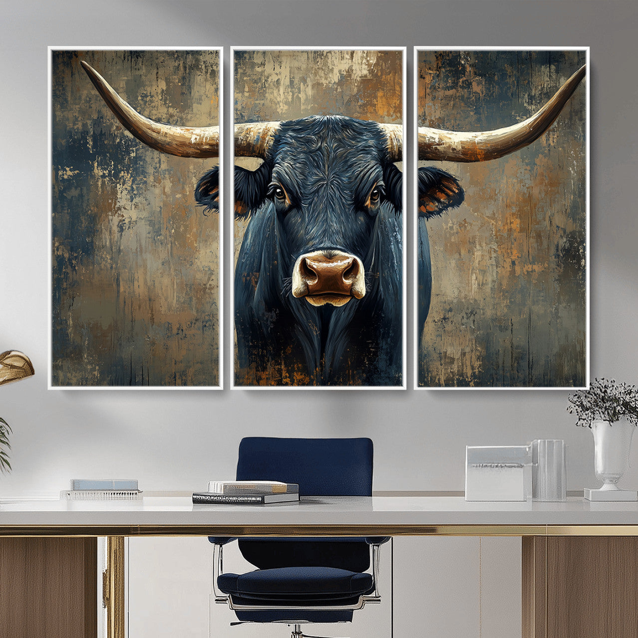 42026-MGV-CV-36X24 - Texas Western Wall Art Canvas Print - Abstract Cow Longhorn Bull Wall Art Canvas Print - Rustic Cow