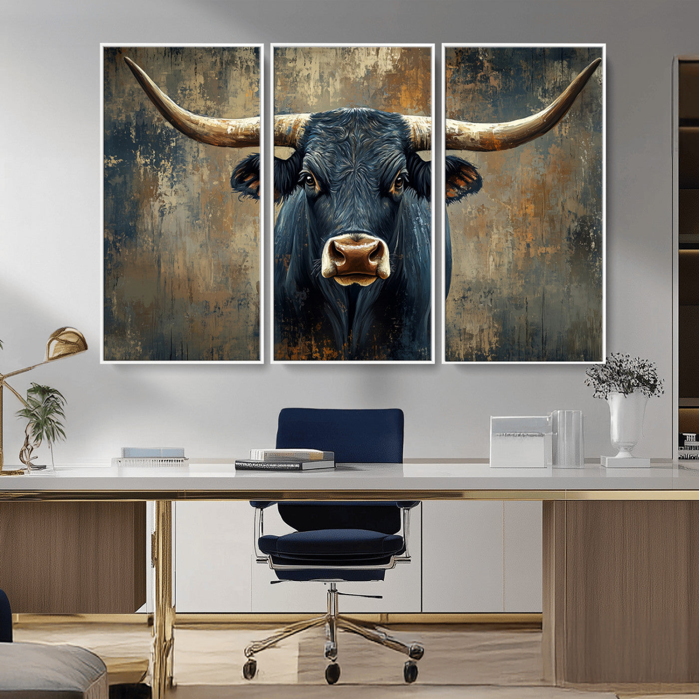 MGV-FC-48X32-3P - Texas Western Wall Art Canvas Print - Abstract Cow Longhorn Bull Wall Art Canvas Print - Rustic Cow