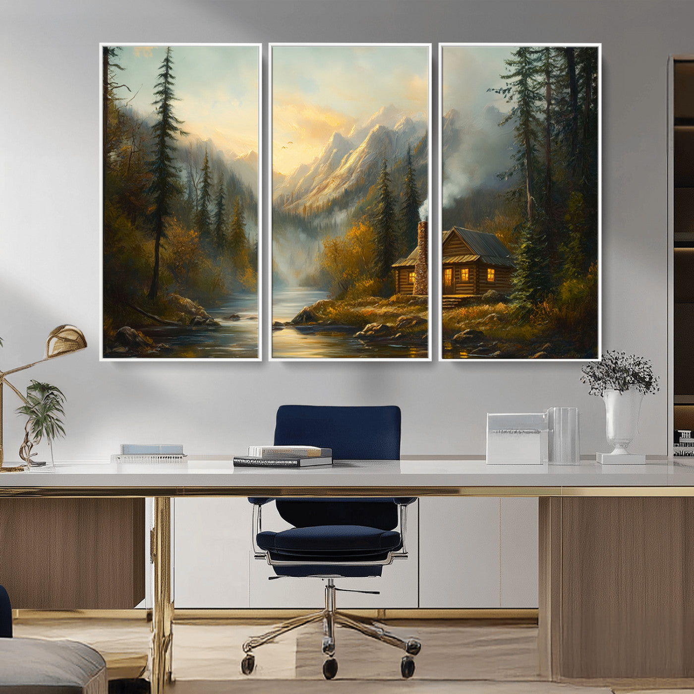 MGV-FC-48X32-3P - Wood Cabin Retreat Mountain at Sunset Wall Art Print - Serene Forest and River Landscape Wall Art