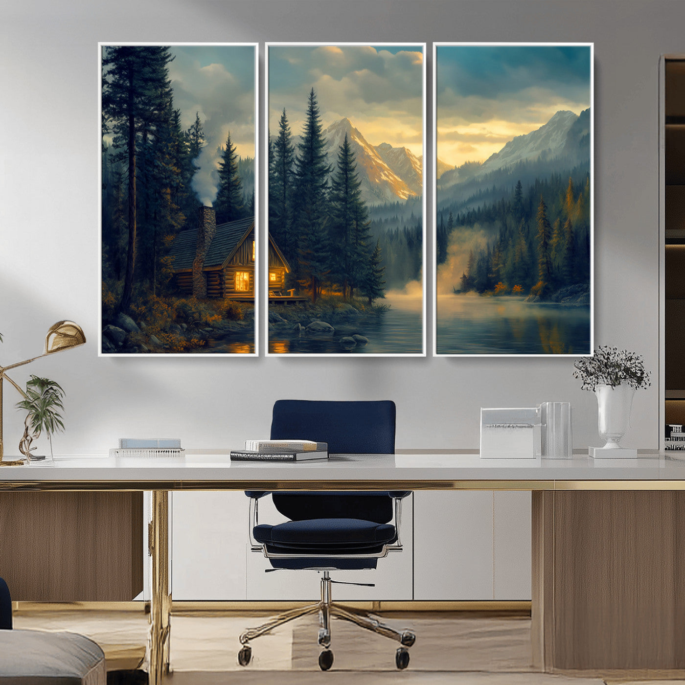 MGV-FC-48X32-3P - Mountain Cabin by the Lake at Sunset Wall Art - Serene Nature Canvas Print for Living Room Decor,