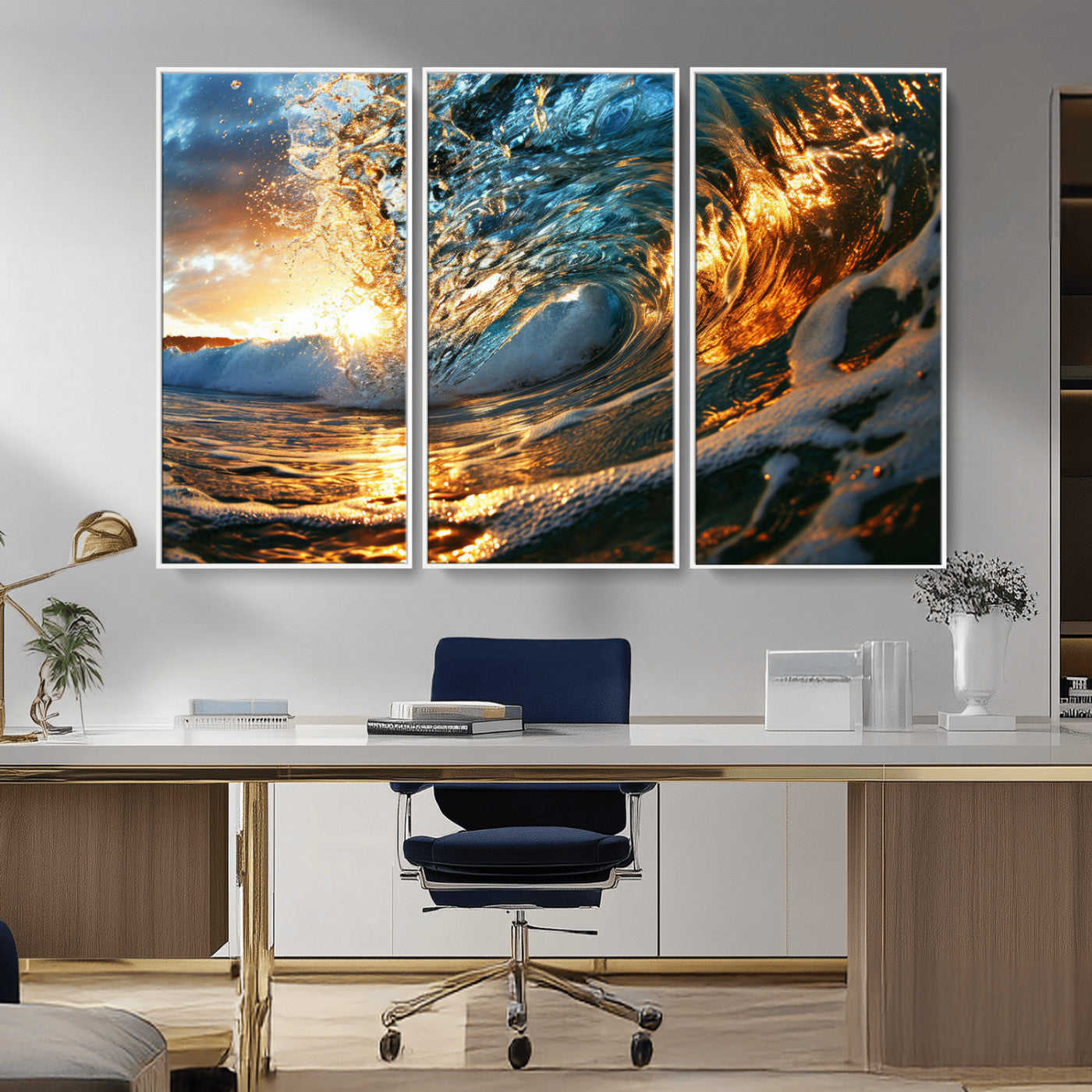 MGV-FC-48X32-3P - Ocean Wave at Sunset Canvas Wall Art – Vibrant Coastal Beach Waves Print, Large Nautical Decor,
