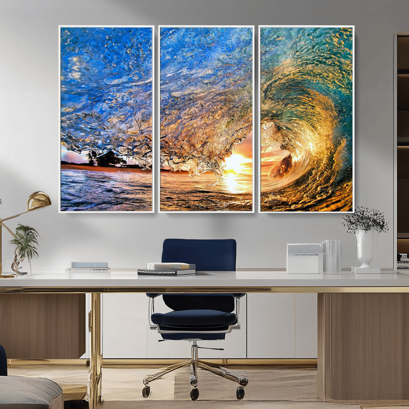 MGV-FC-48X32-3P - Ocean Wave at Sunset Canvas Wall Art – Vibrant Coastal Beach Waves Print, Large Nautical Decor,