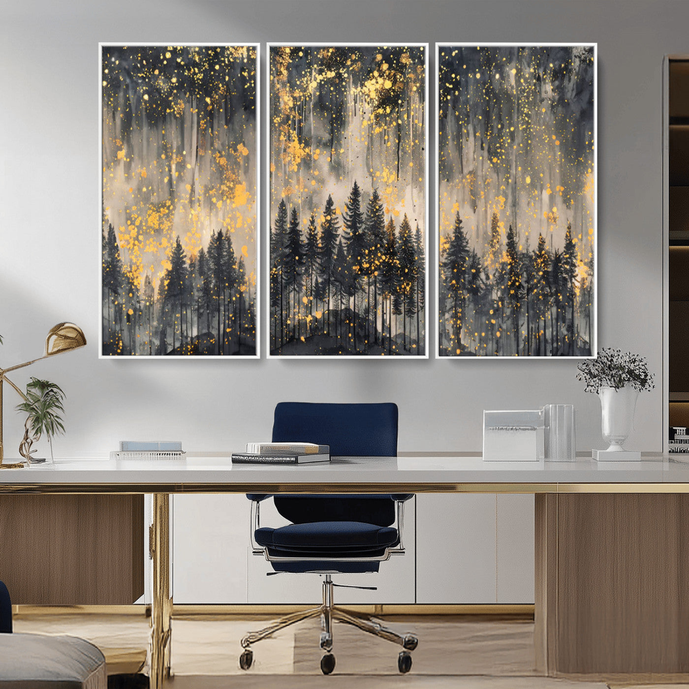 MGV-FC-48X32-3P - Golden Forest Abstract Wall Art | Dark Forest with Gold Splatter Accents | Triptych Ready to Hang