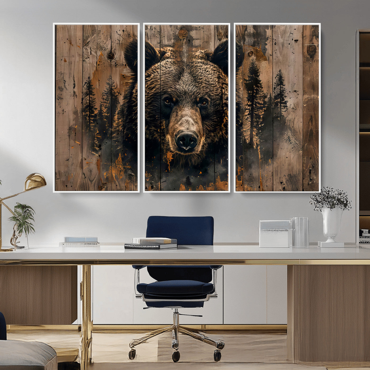 MGV-FC-48X32-3P - Rustic Grizzly 399 Wall Art | Triptych Canvas Print | Rustic Cabin Wall Decor | Perfect for