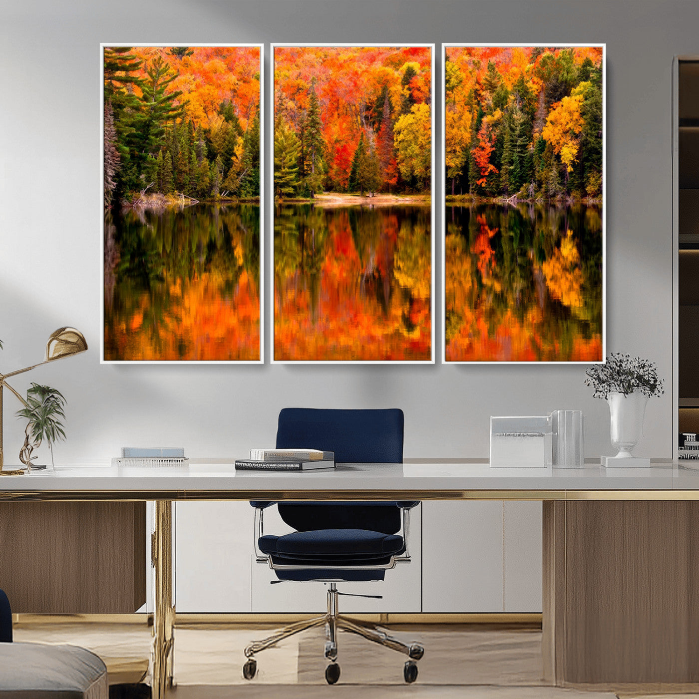 MGV-FC-48X32-3P - Forest Reflection Art | Autumn Forest Reflection Wall Art | Triptych Canvas Print | Vibrant Fall