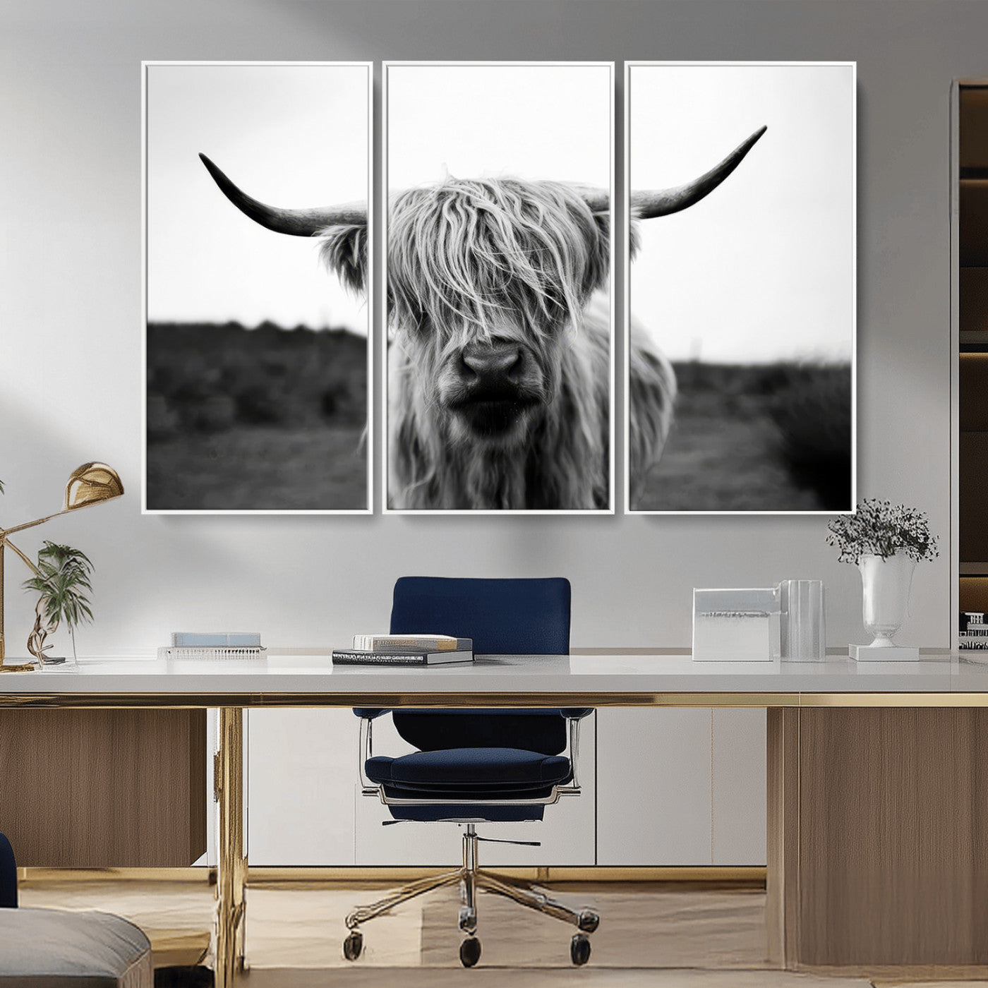 MGV-FC-48X32-3P - Highland Cow Wall Art | Black and White Farmhouse Decor | Triptych Canvas Print | Rustic Barn Decor