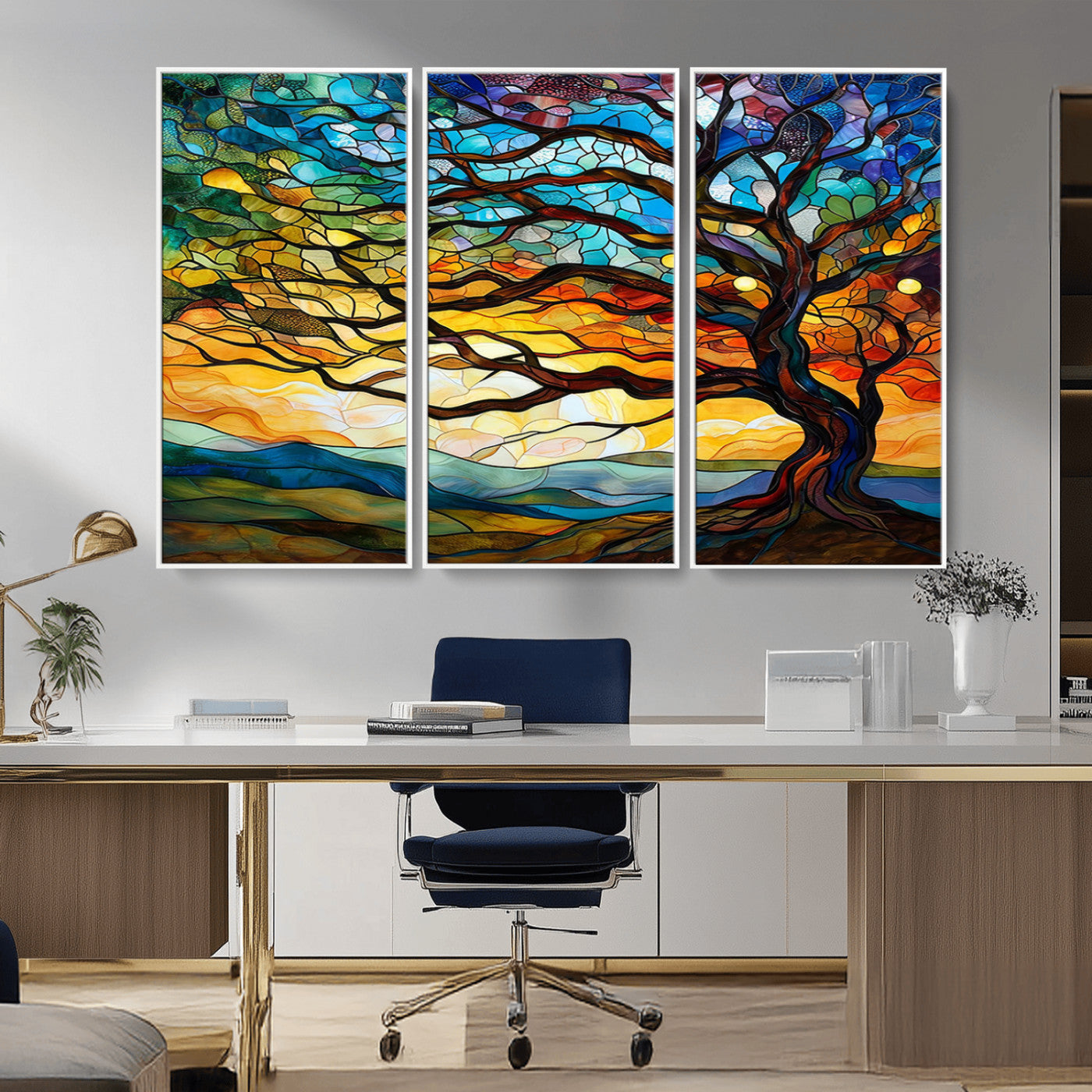MGV-FC-48X32-3P - Vibrant Mosaic Tree of Life Wall Art | Stained Glass Style Canvas Print | Ready to Hang Artistic