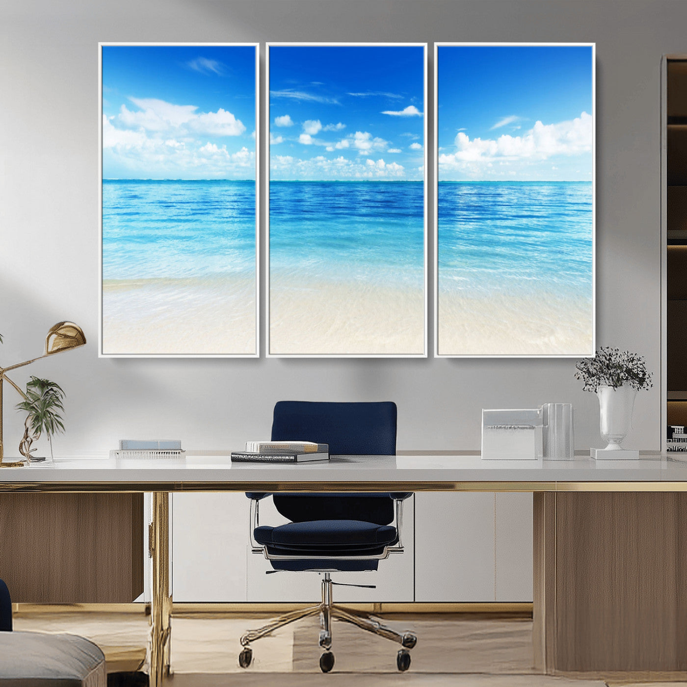 MGV-FC-48X32-3P - Beach Scene Canvas Wall Art Print – Tranquil Ocean Horizon and White Sand Beach Wall Decor for Home