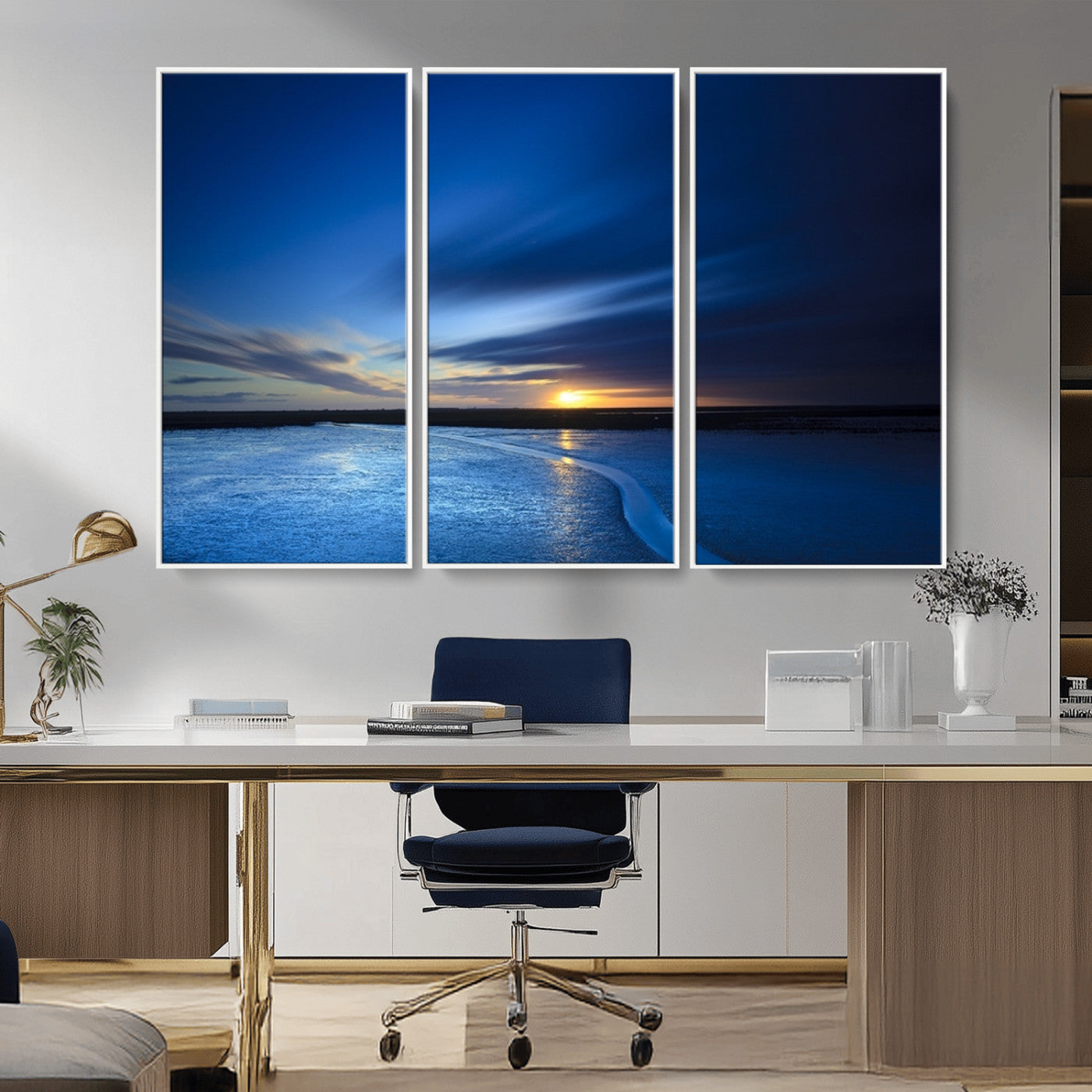 MGV-FC-48X32-3P - Blue Sunset Ocean Canvas Wall Art Print – Serene Coastal Horizon Wall Decor for Home or Office –