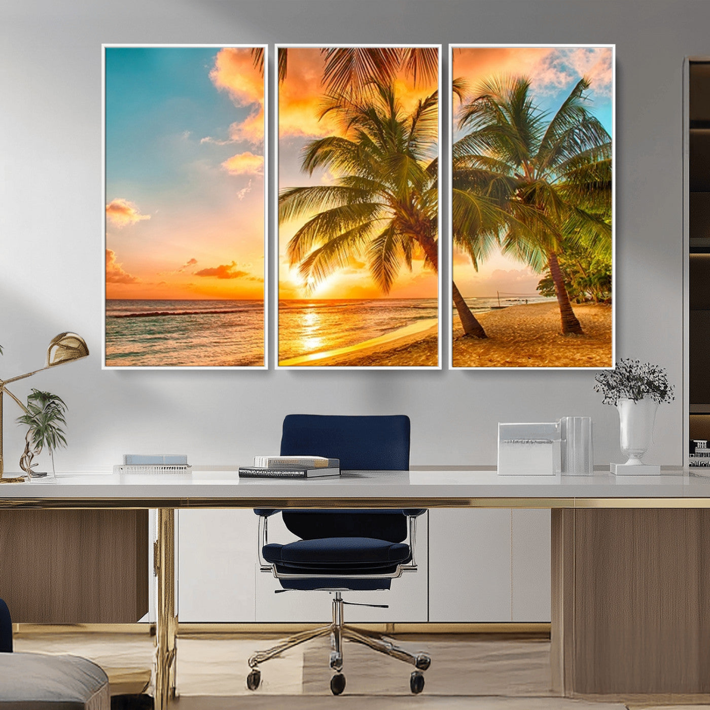 MGV-FC-48X32-3P - Tropical Sunset Beach Canvas Wall Art Print – Vibrant Palm Trees and Coastal Sunset Wall Decor for