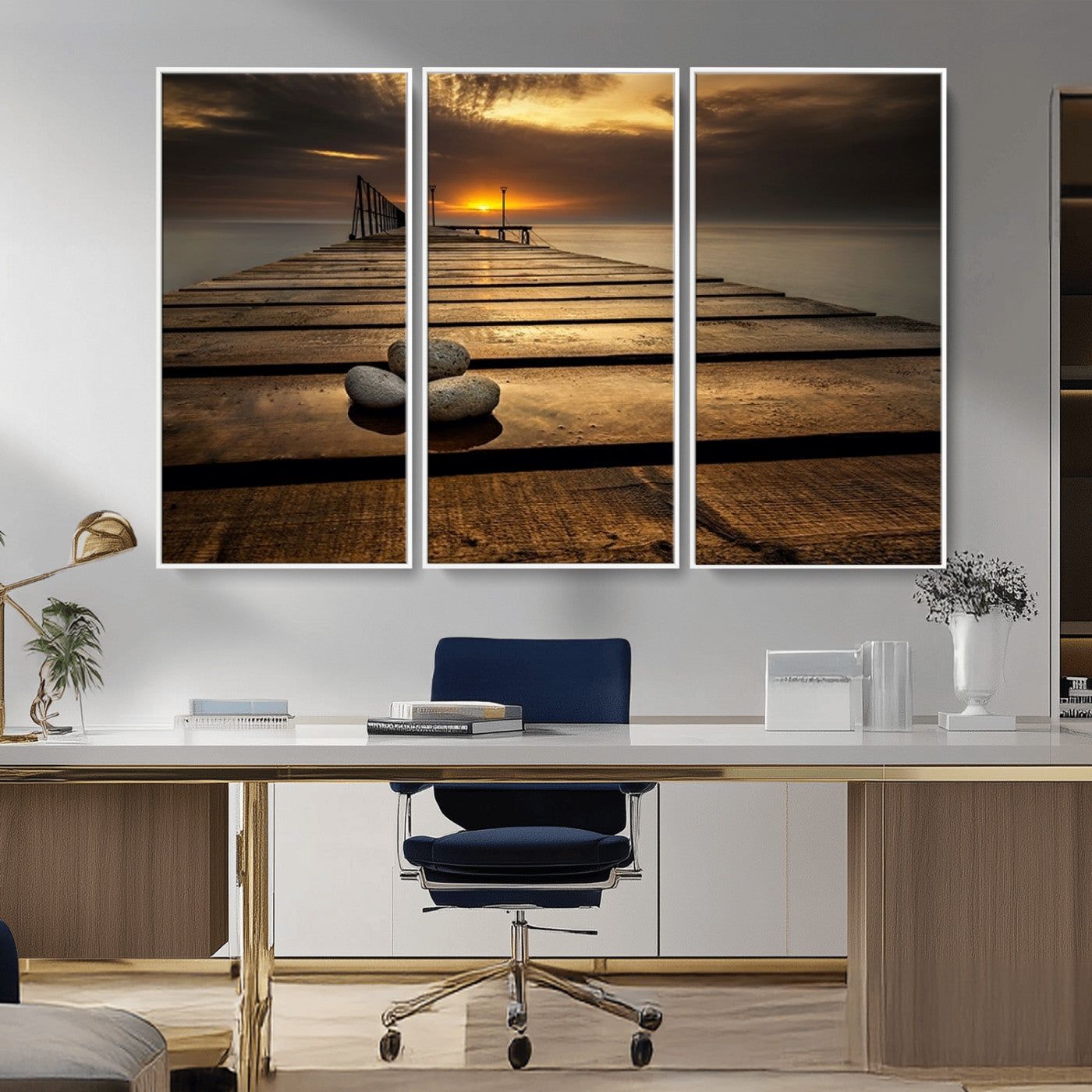 MGV-FC-48X32-3P - Stones on Wooden Pier at Sunset Canvas Print, Serene Coastal Wall Art, Beach Sunset Photography,