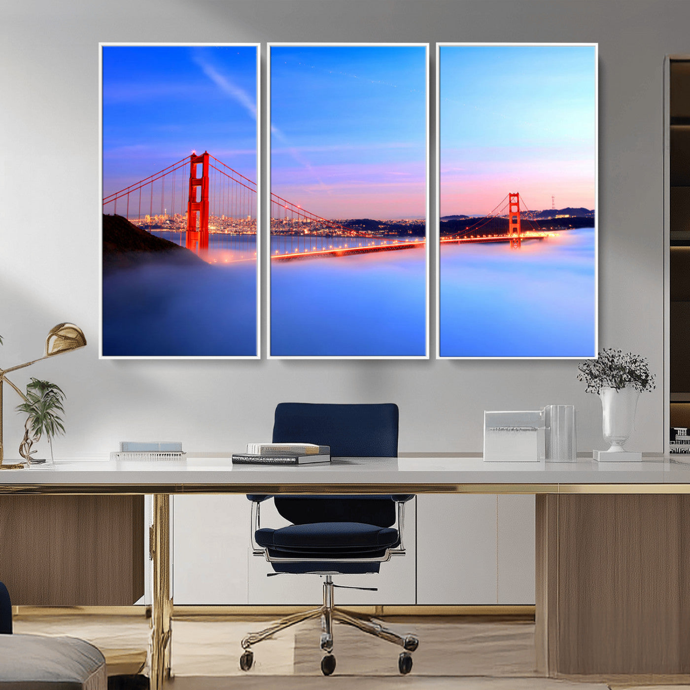 MGV-FC-48X32-3P - Golden Gate Bridge Wall Art Print, San Francisco Sunset Canvas Wall Art, Cityscape Canvas Print for