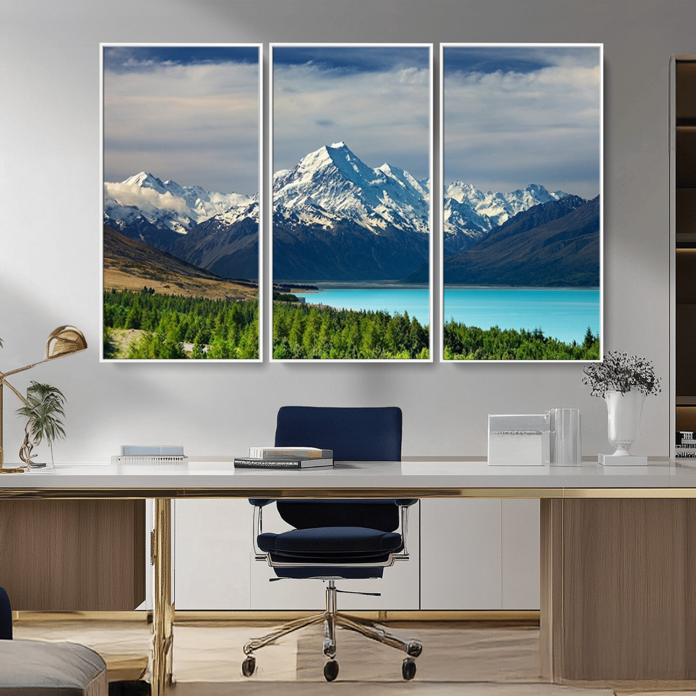 MGV-FC-48X32-3P - Mount Cook and Lake Pukaki Canvas Wall Art Print – Majestic Snow-Capped Peaks and Serene Lake Wall