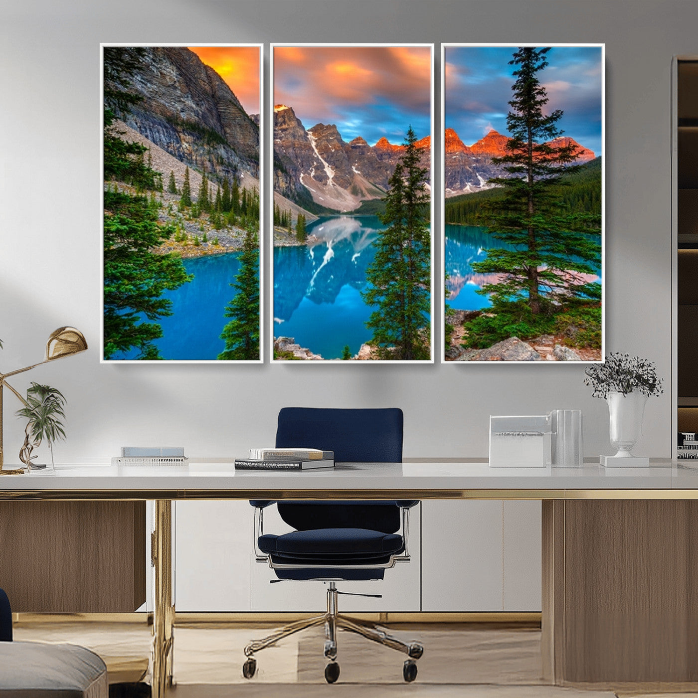 MGV-FC-48X32-3P - Canadian Rockies Moraine Lake Wall Art Canvas Print, Pine Trees Mountain Spring Canvas Print