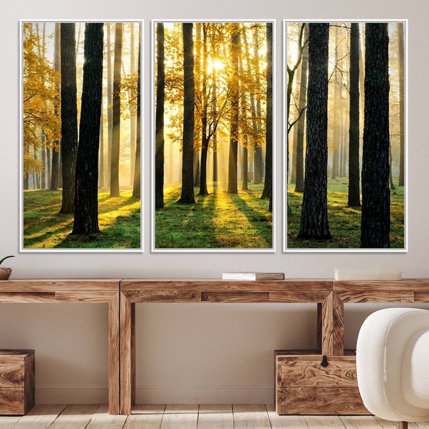 60024-MGV-CV-36X24-Sunlit Forest Canvas Wall Art – Serene Woodland Triptych Landscape Print – Nature-Inspired Decor for Living Room or Office – Ready to Hang