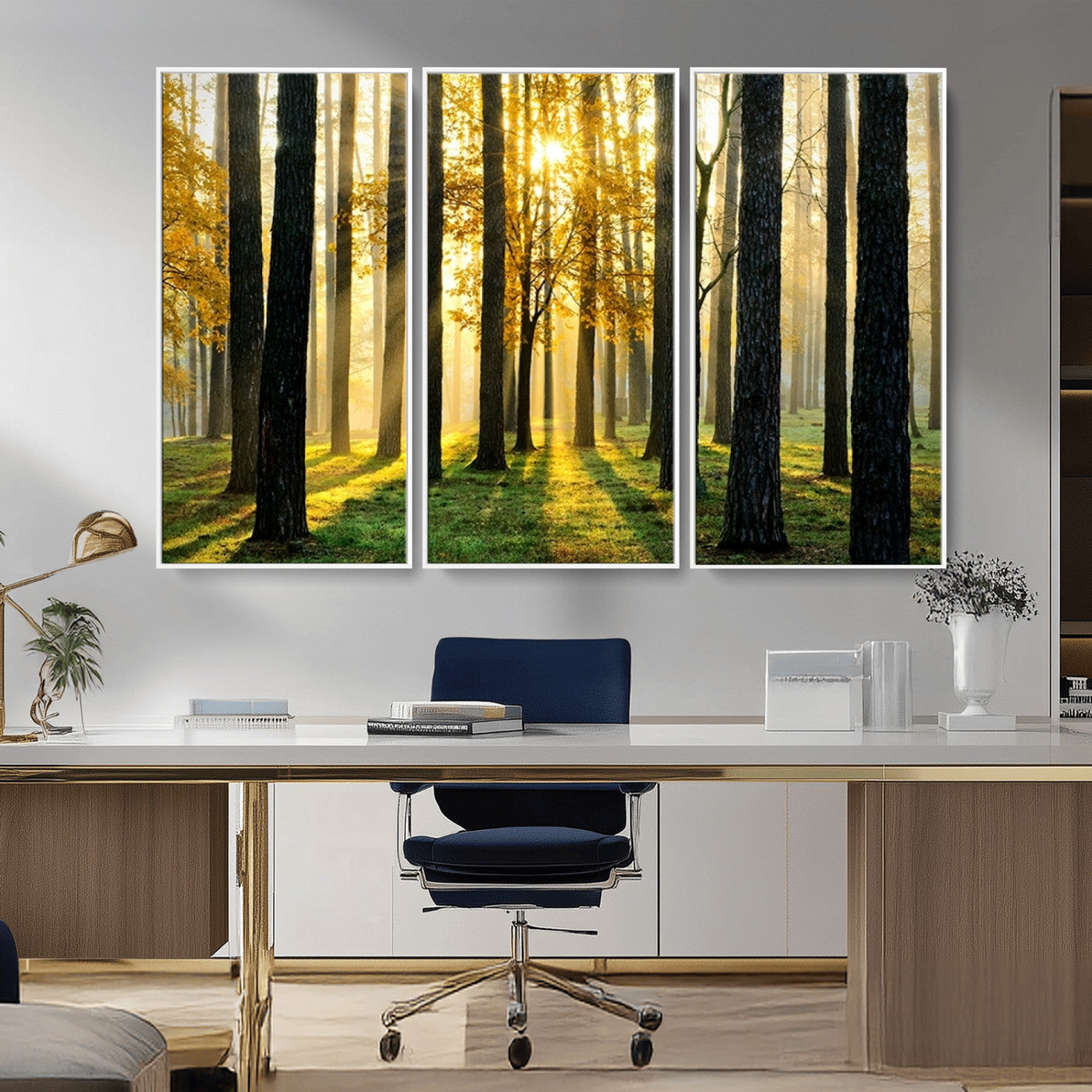 MGV-FC-48X32-3P - Sunlit Forest Wall Art Canvas Print - Large Framed Woodland Wall Art for Home or Office Decor,