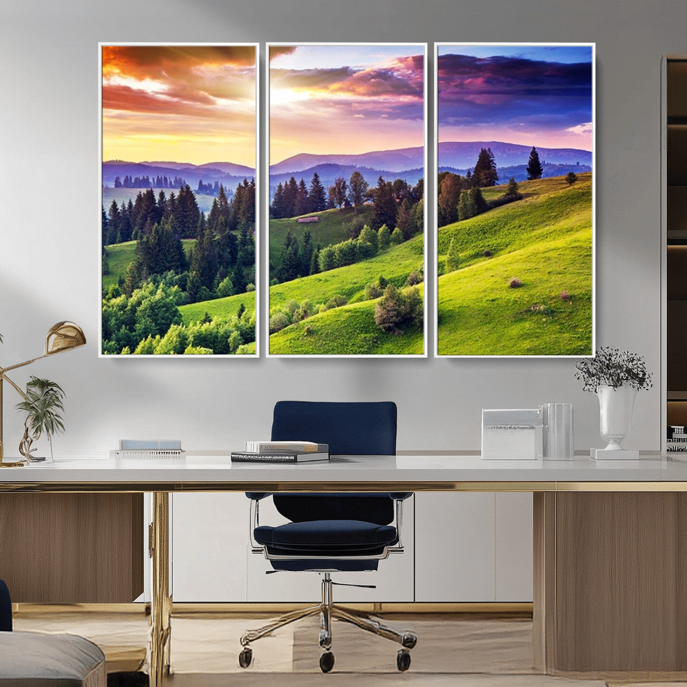 MGV-FC-48X32-3P - Green Hills and Sunset Wall Art Print - Scenic Landscape with Lush Greenery and Vibrant Sky, Ready
