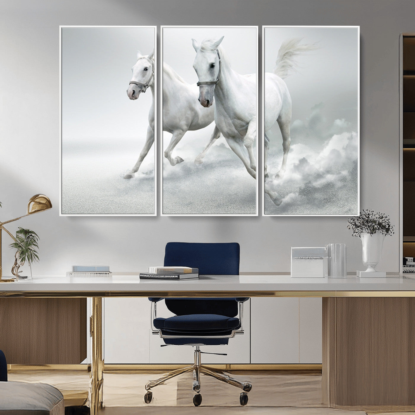 MGV-FC-48X32-3P - Large Wall Art Animal Canvas Print - Beautiful Running White Horses