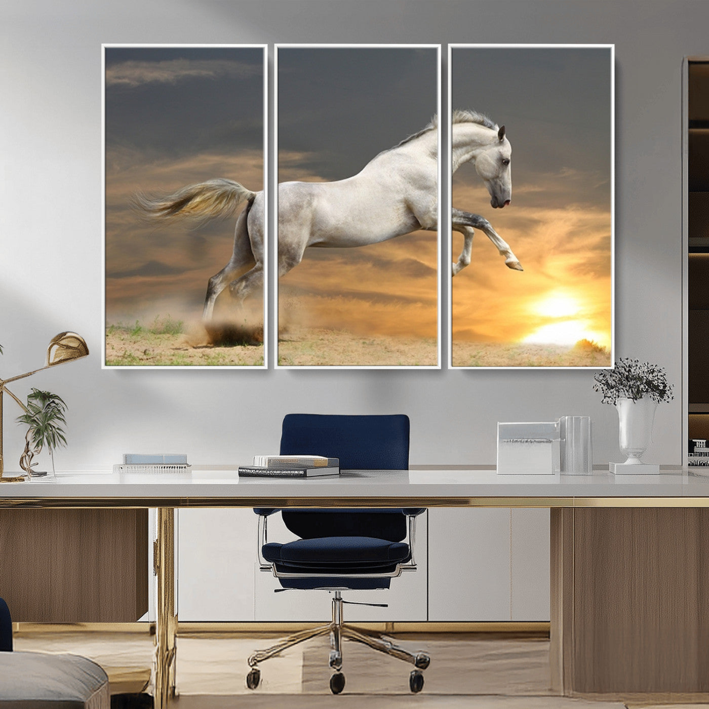 MGV-FC-48X32-3P - Large Wall Art Animal Canvas Print - White Jumping Horse at Sunset