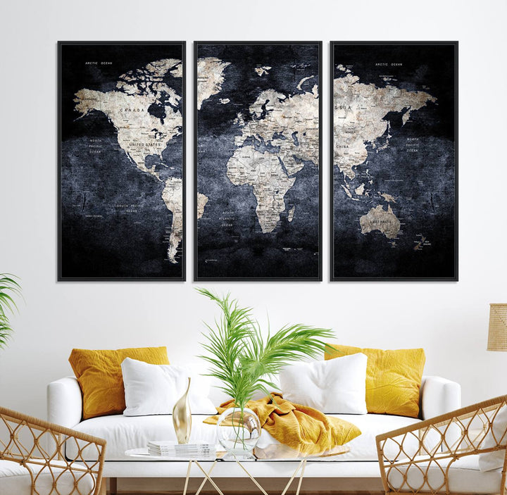 Rustic Black and Bronze World Map Canvas Triptych features white continents on a grunge-stained background.