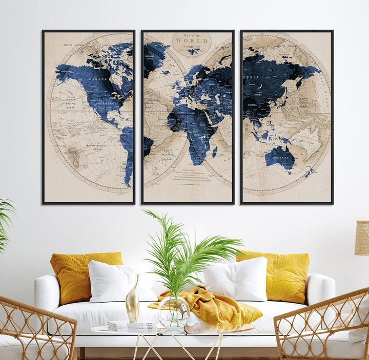 The Vintage Triptych Map Print is a grunge-stained blue and beige world map, perfect for enhancing wall decor.