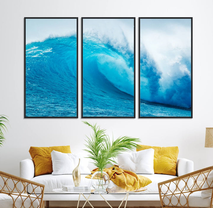 A museum-quality canvas depicting a vibrant blue ocean wave with white foam under a clear sky.