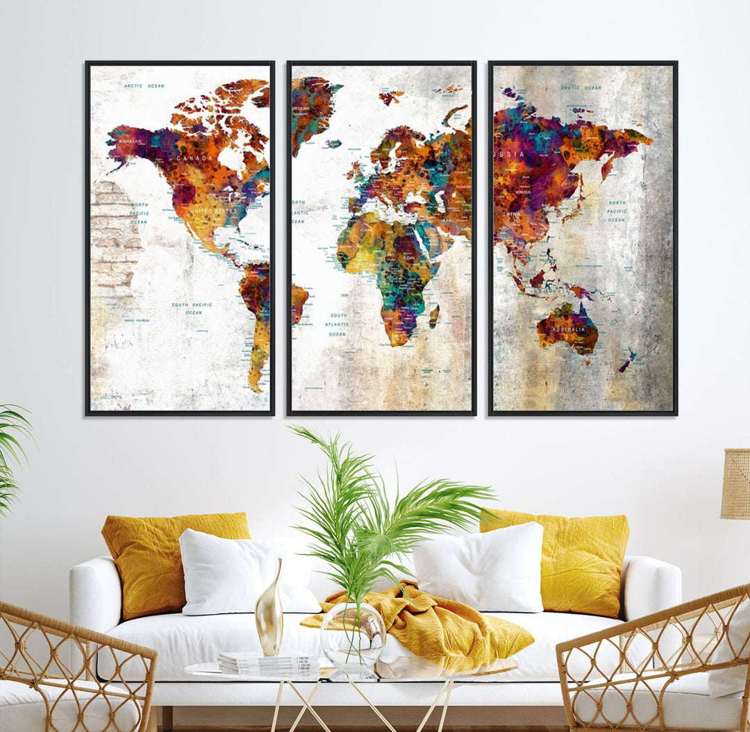 A vibrant Grunge Map Canvas Wall Art Set (3 Panels) for home or office decor, perfect for travel enthusiasts.