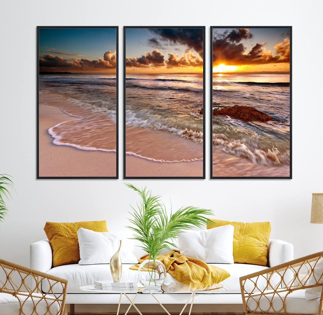 The Sunset on Ocean Wall Art Canvas Print beautifully captures a beach sunset, gentle waves, and a peaceful atmosphere.