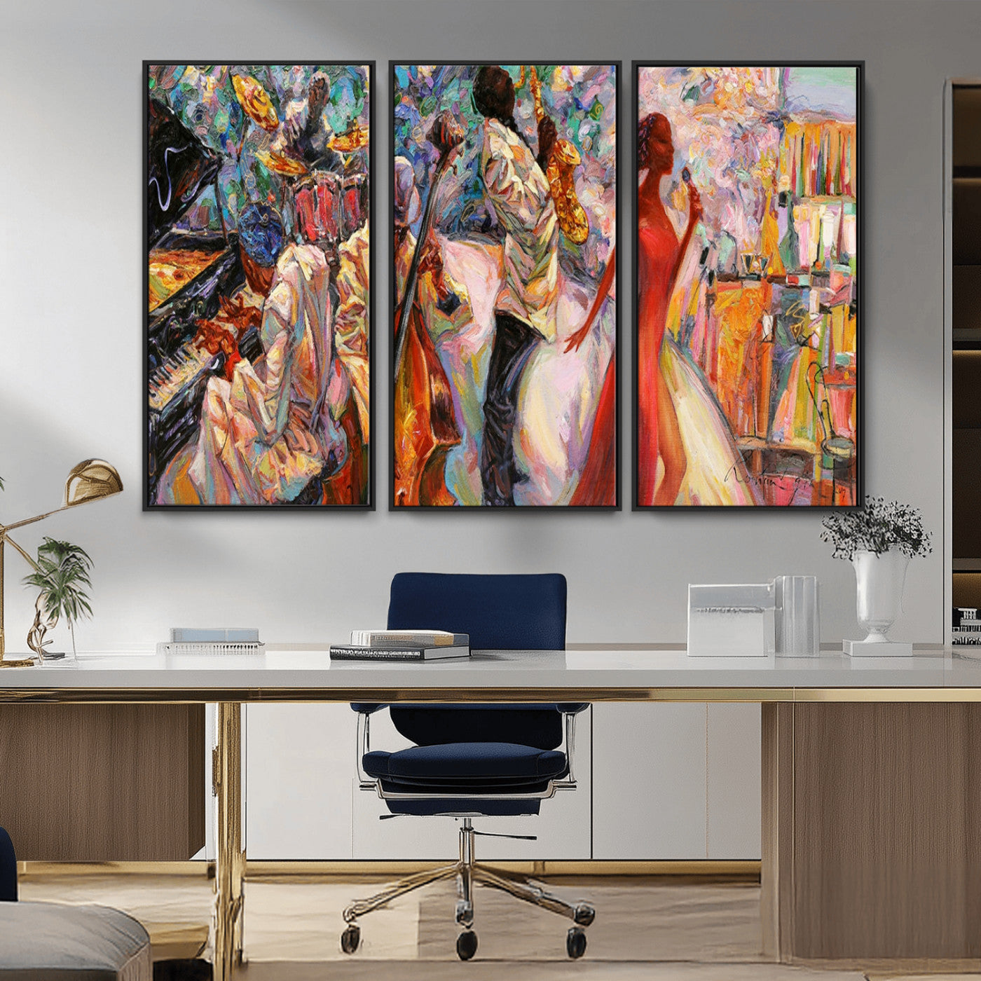 MGV-FC-48X32-3P - Abstract Afro American Jazz Canvas Wall Art | Music-Inspired Painting for Dining Room, Living Room,