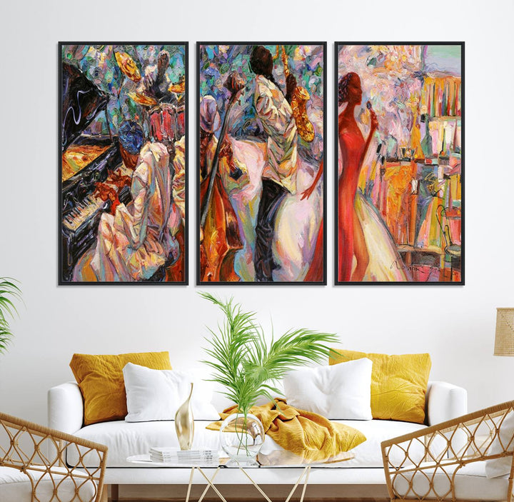 The Abstract Afro American Jazz Canvas captures a vibrant jazz band and showcases a woman dancing in red, making it perfect for dining or music spaces.