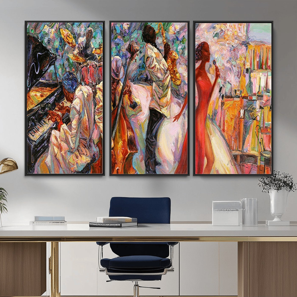 40574-_Poster-30x20 - Afro American Jazz Band Canvas Wall Art | 3 Panel Music Studio Decor