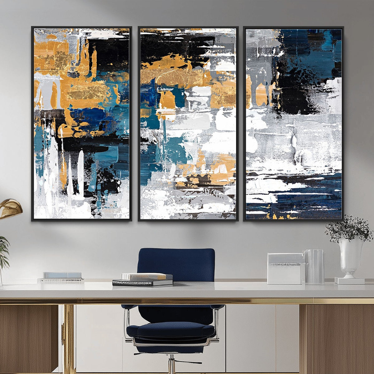 57708-_Poster-30x20 - Blue and Gold Abstract Canvas Wall Art | Triptych Modern Art Print