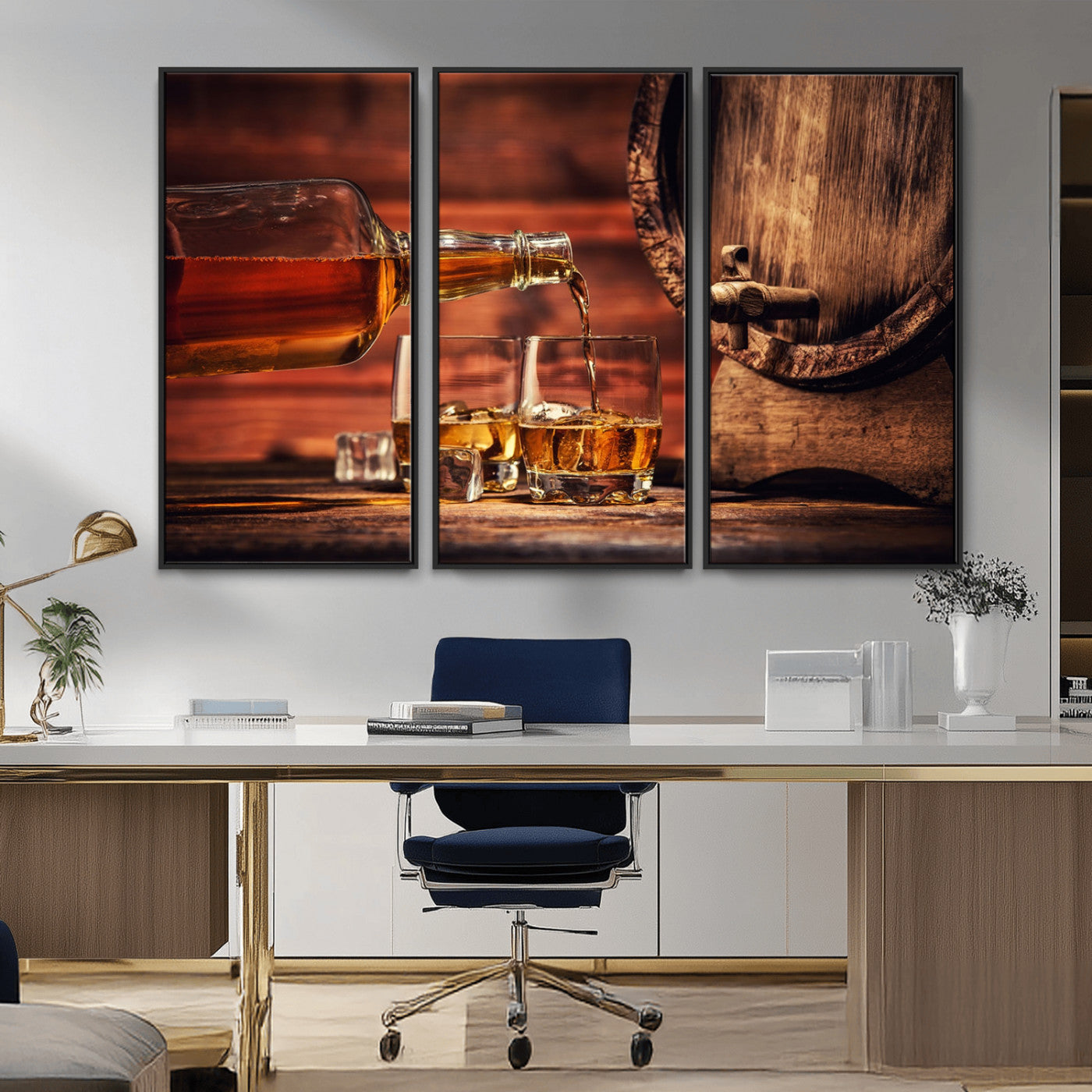 MGV-FC-48X32-3P - Whiskey and Cigar Canvas Wall Art | 3 Panel Bar Room Decor for Home Lounge, Office, or Man Cave |