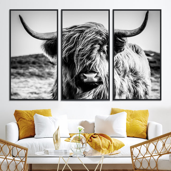 Highland Cow Wall Art | 3-Panel Black and White Highland Cow Canvas Print for Western Farmhouse Decor