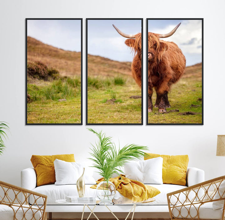 A Highland Cow Animal Canvas Wall Art hangs on the wall, adding warmth to the room.