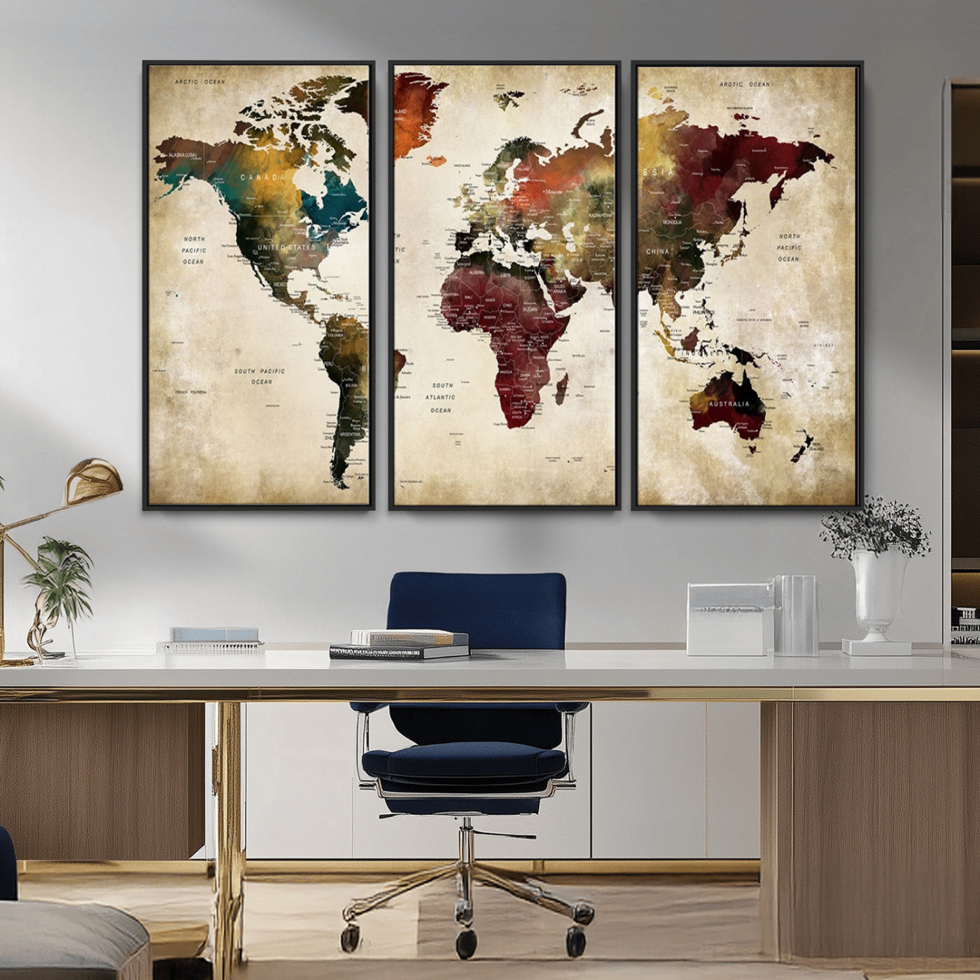 MGV-FC-48X32-3P - Large World Map Wall Art Canvas Print, Framed Push Pin Map Art Picture Print, Abstract Traveller Map Perfect Modern Decor Artwork
