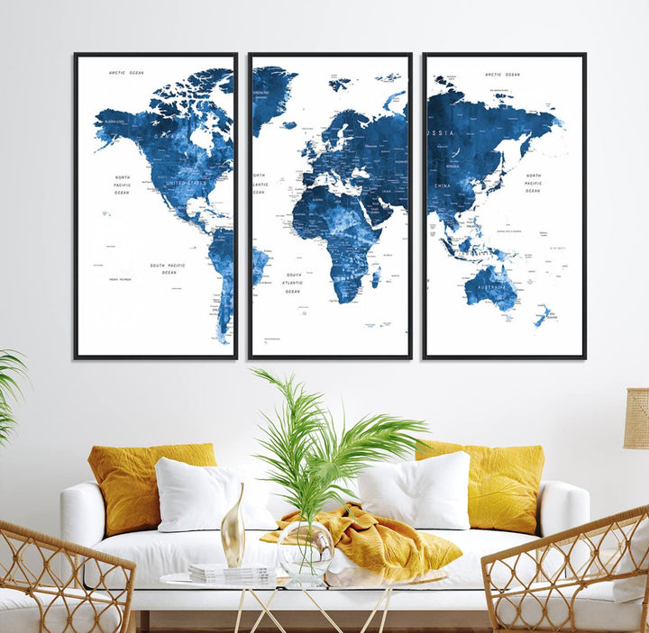 Navy Blue Wall Art World Map Canvas Print, an ideal piece for anyone seeking unique home or office decor.