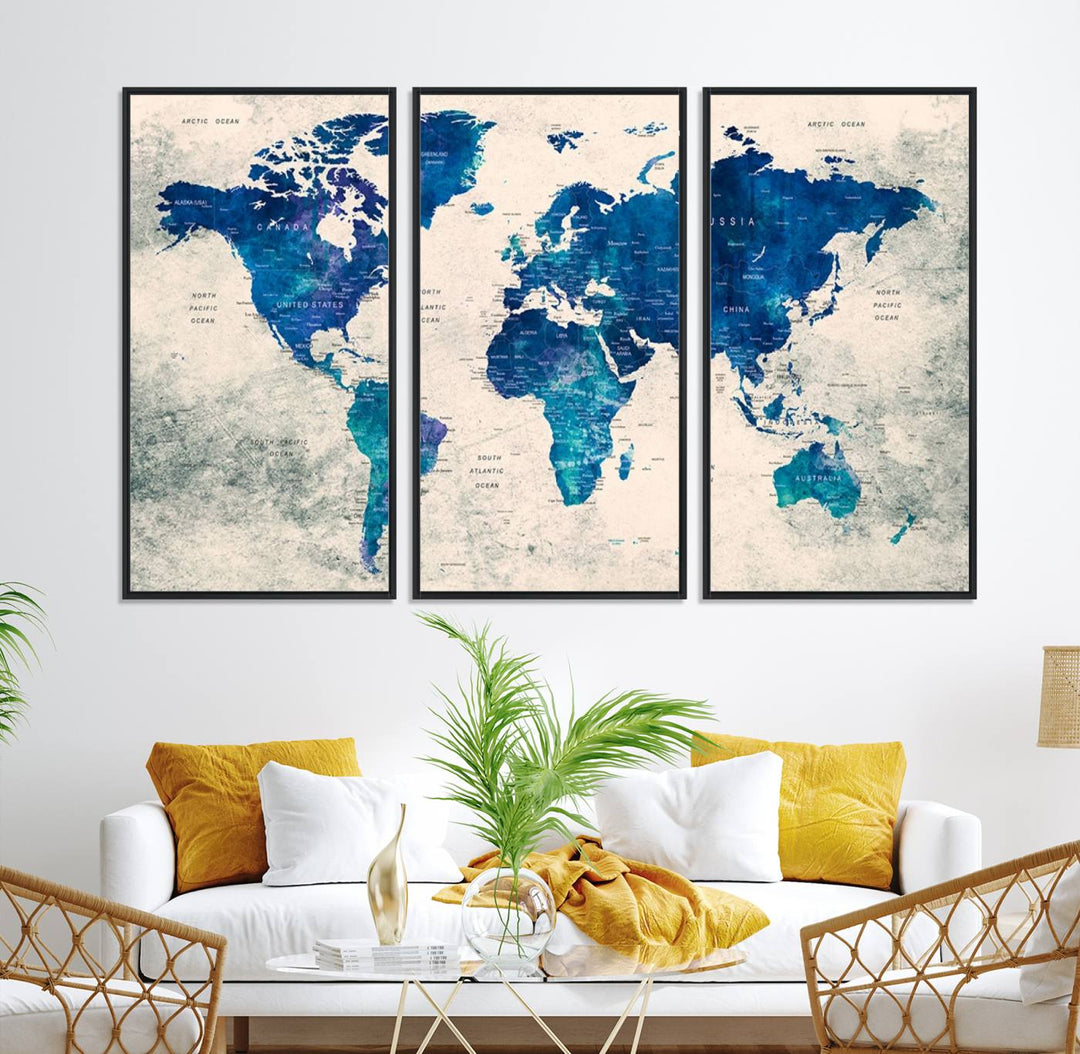 Navy Blue Push Pin World Map Canvas Print featuring a grunge-stained background, with labeled countries and oceans.