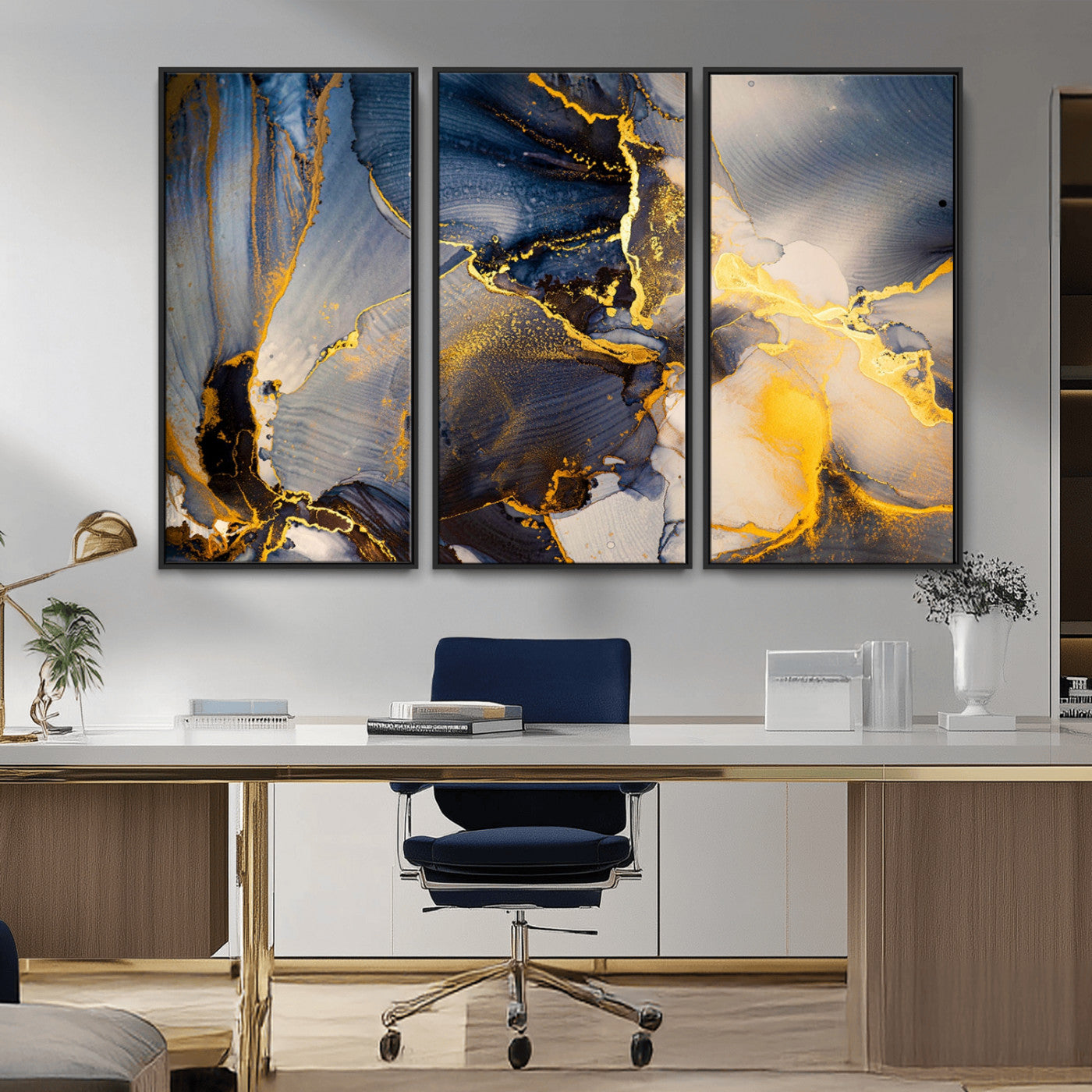 42100-MGV-CV-36X24-Large Abstract Wall Art Print - Gold and Blue Abstract Canvas Wall Art | Fluid Ink Modern Luxury Wall Decor for Living Room Decor