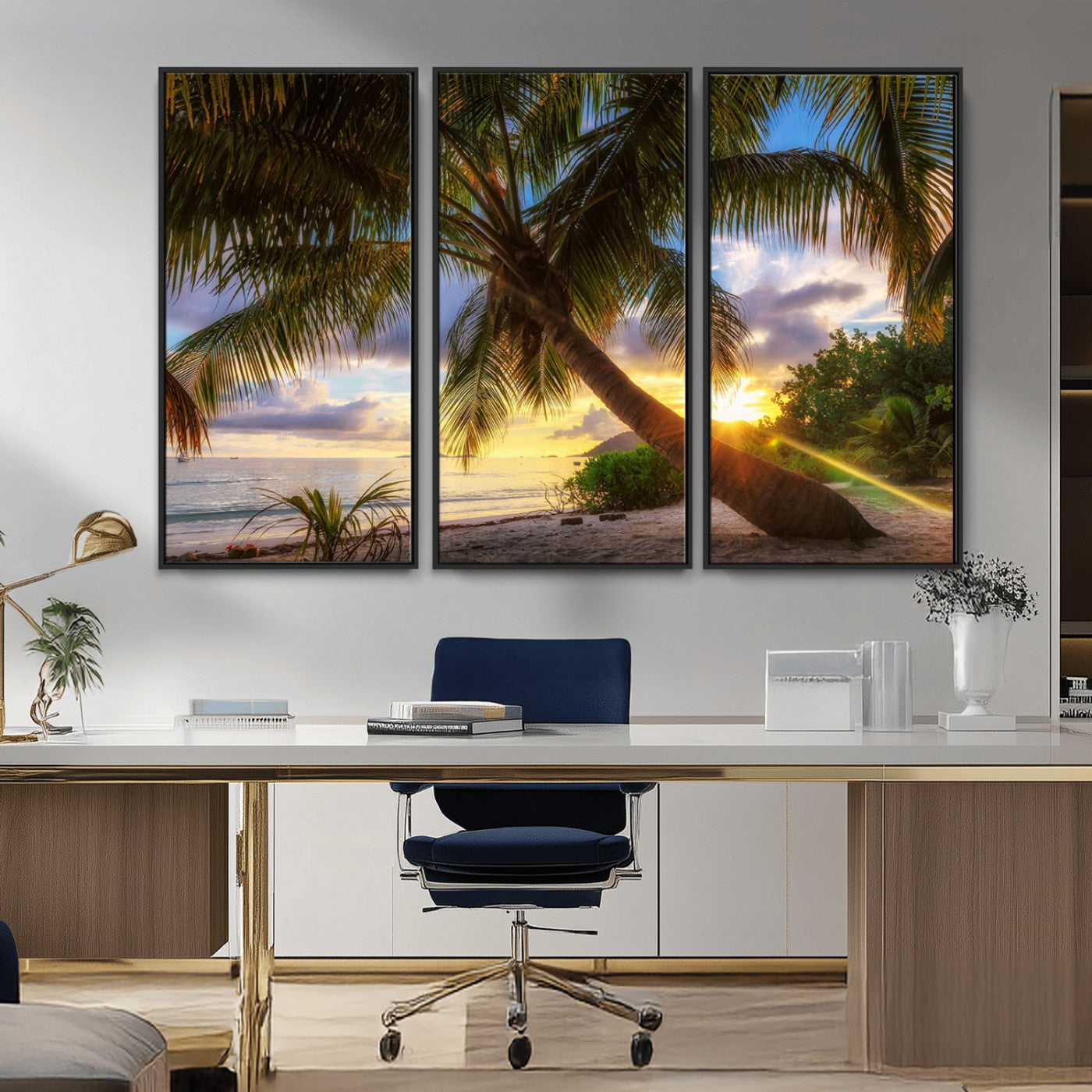 MGV-FC-48X32-3P - Tropical Island Sunset on the Beach Palms Wall Art Canvas Print