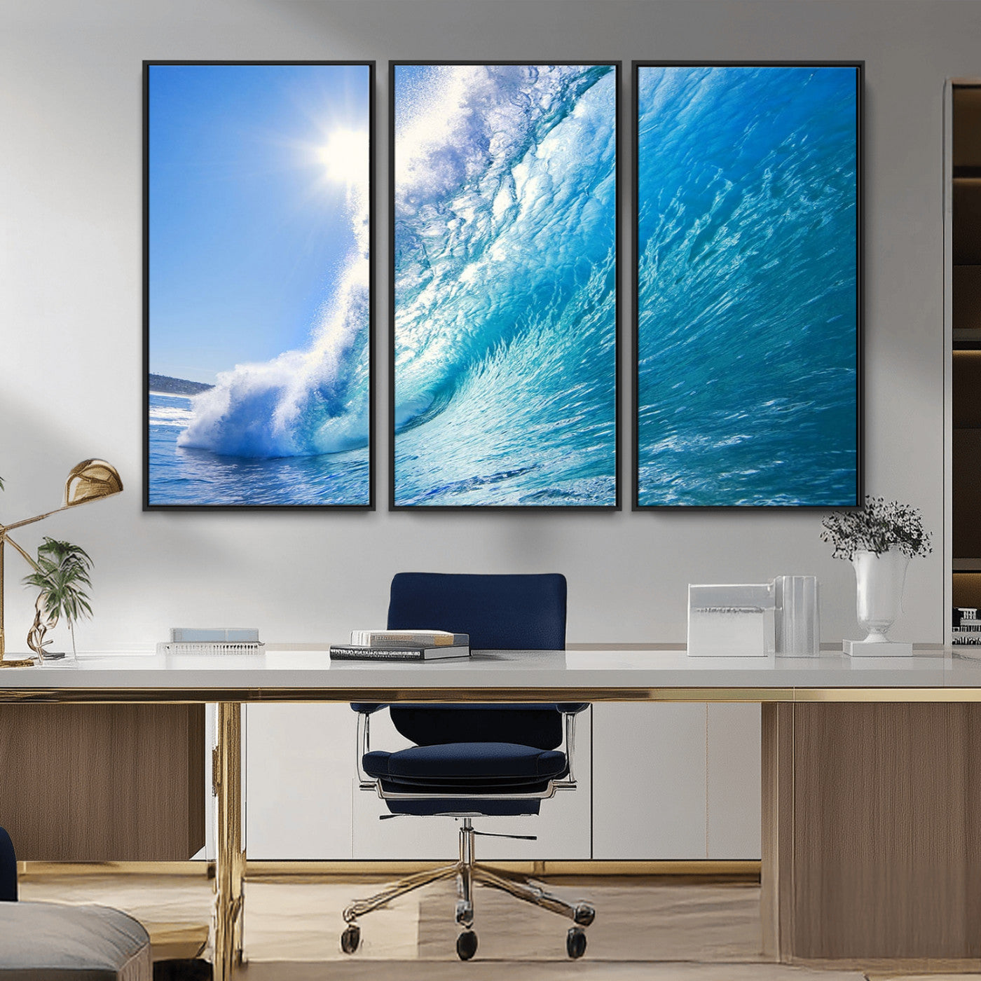 MGV-FC-48X32-3P - Blue Big Wave Surfing Ocean Canvas Wall Art Artwork Print , Surf Wall Art, Sea Wall Art