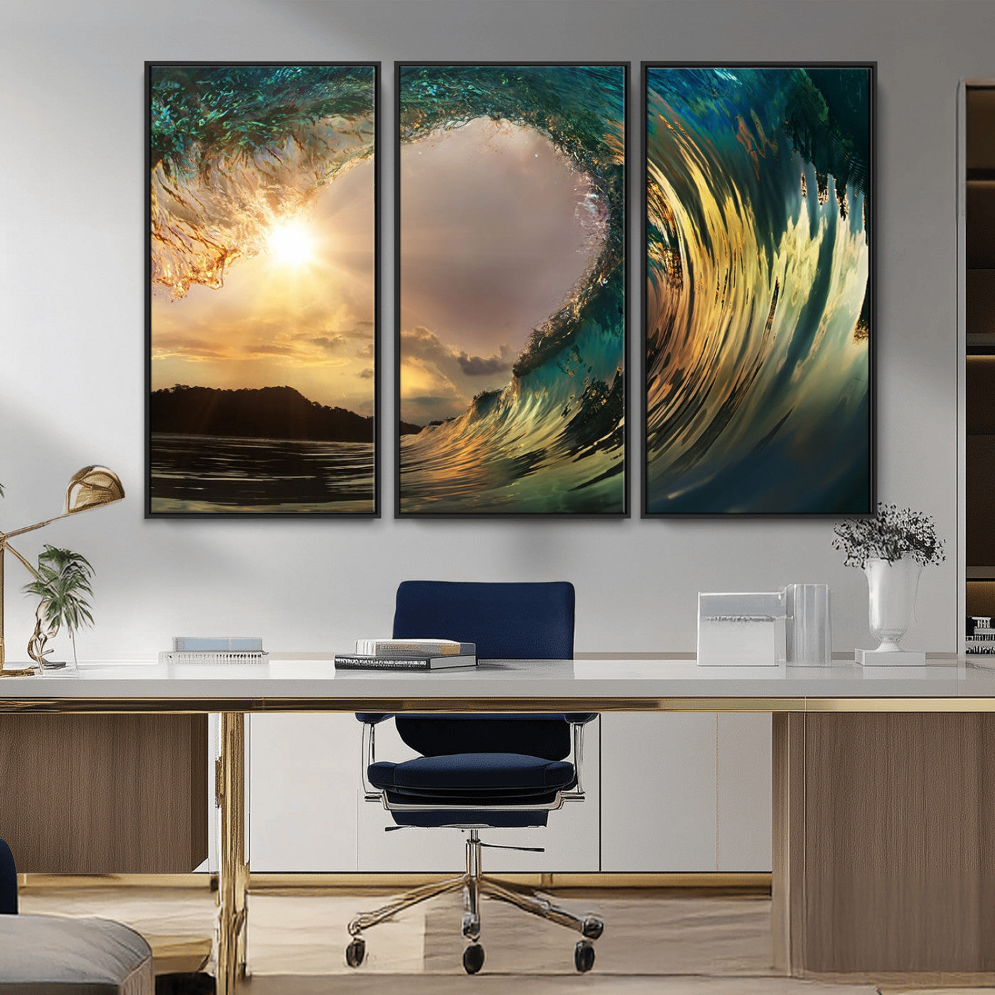 MGV-FC-48X32-3P - Golden Wave Sunset Giclee Canvas Print – Large Coastal Wall Art for Nature Lovers, Captivating Ocean Wave Decor