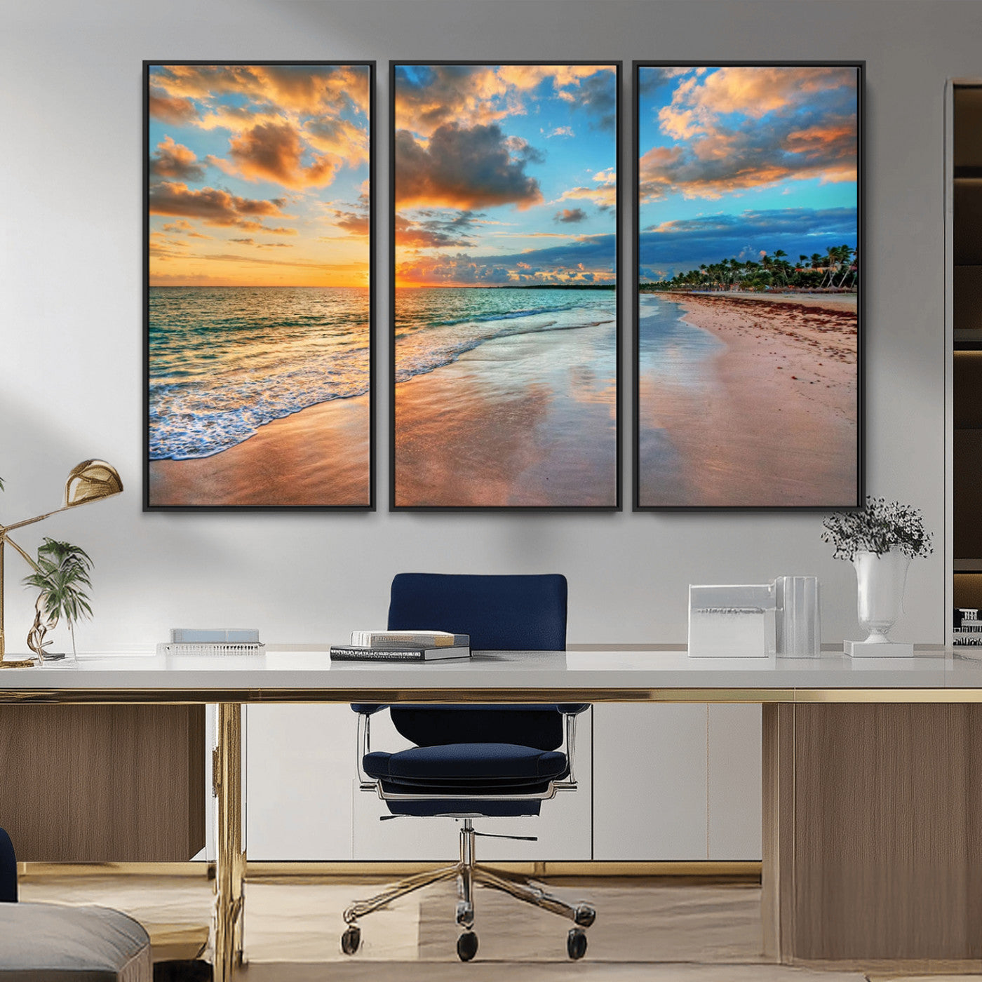 MGV-FC-48X32-3P - Sunset Ocean Waves on Tropical Beach, 3-Panel Giclee Canvas Art for Coastal Home Decor, Vibrant Palm-Lined Shore