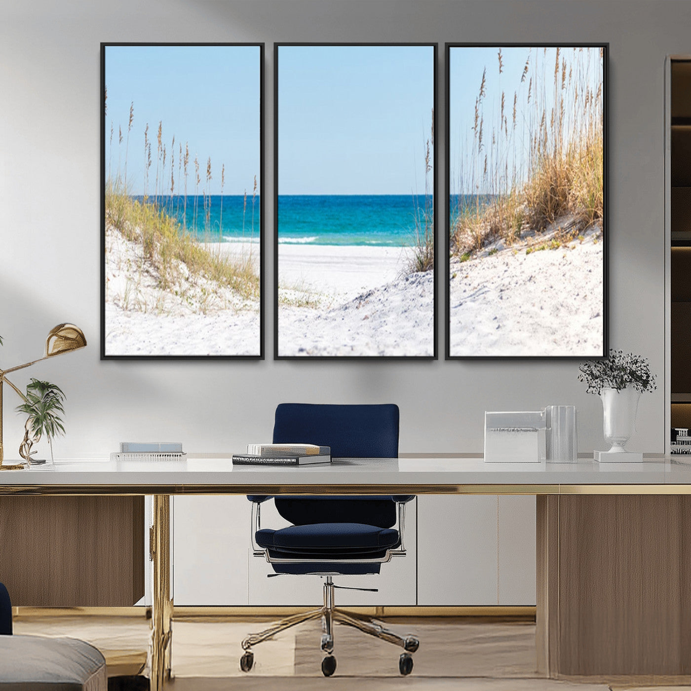 MGV-FC-48X32-3P - Serene Coastal Dune Path with Ocean View, 3-Panel Beach Canvas Wall Art, Tranquil Seascape Giclee Print, Gallery Wrap, Perfect for Coastal Home Decor